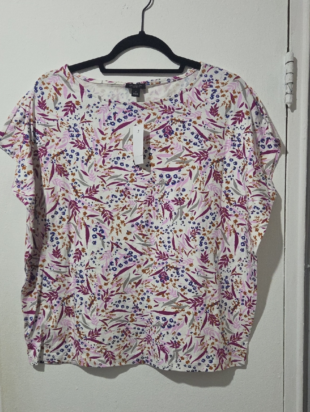 Ann Taylor Factory White Floral Short-Sleeve Top with Pink and Purple Accents